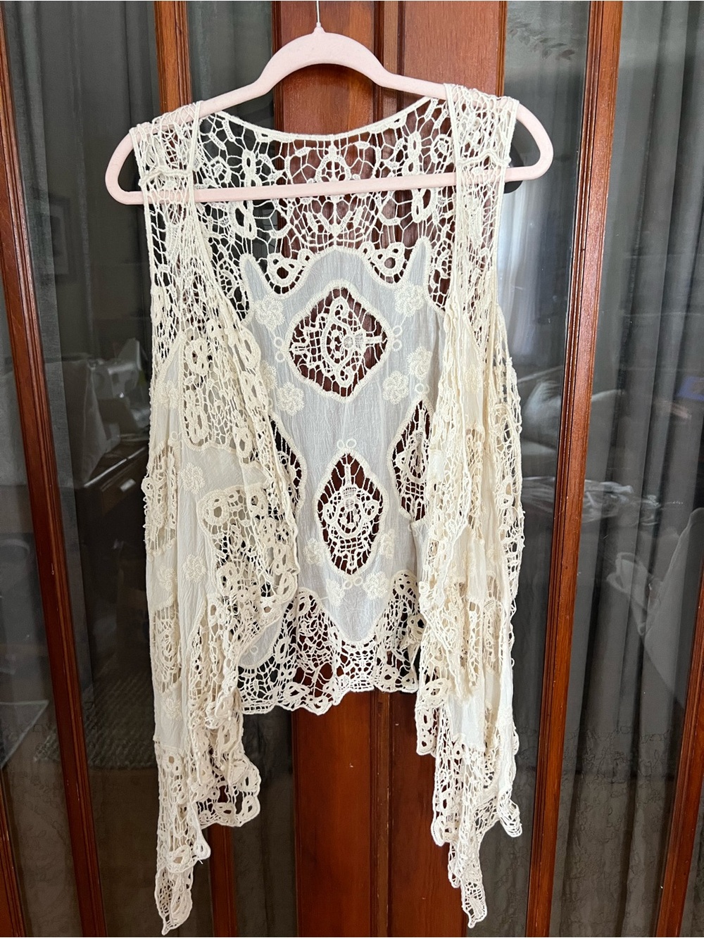 Boho Crochet Lace Open-Front Vest - Cream